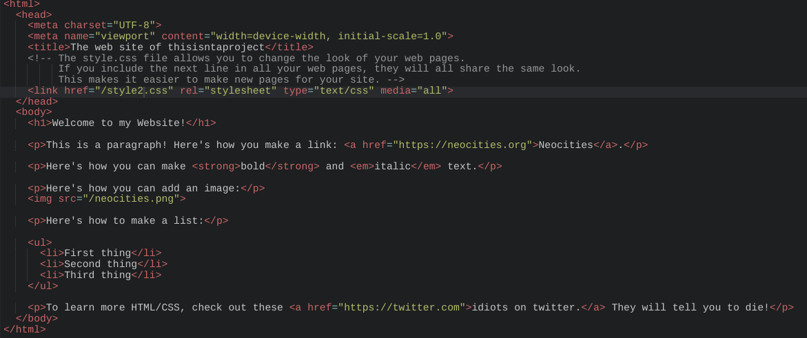 Screenshot of neocities text editor. The text is the default neocities website.